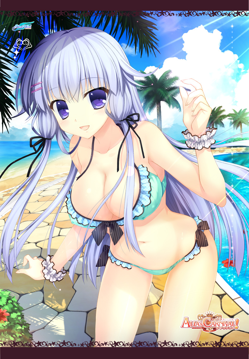 1girl :d absurdres alia's_carnival! beach bikini blue_eyes blue_hair blue_sky breasts cleavage clouds green_bikini highres huge_filesize low_twintails open_mouth palm_tree sky smile swimsuit tree twintails