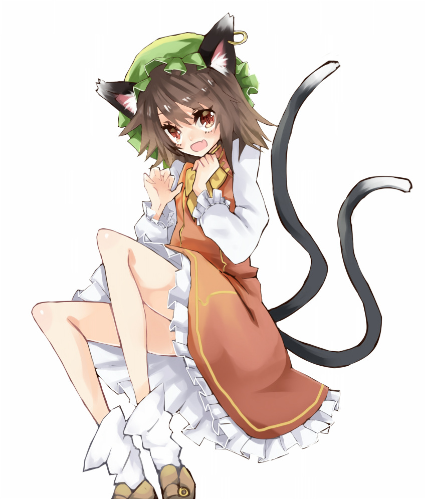 1girl animal_ears bow brown_hair cat_ears cat_tail chen dress fang hat highres jewelry multiple_tails open_mouth red_eyes single_earring slit_pupils smile tail touhou zhu_xiang