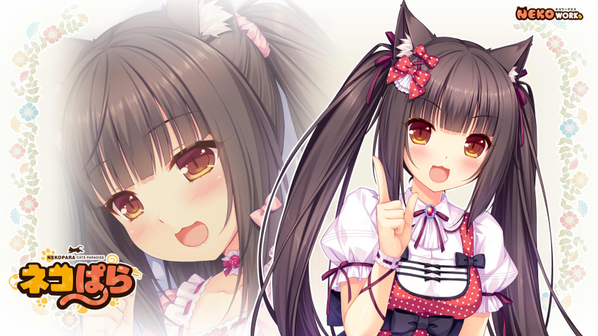 1girl :3 :d animal_ears arm_ribbon bow brown_eyes brown_hair cat_ears cat_tail chocola_(sayori) copyright_name dress floral_background hair_bow hair_ornament hair_ribbon happy highres index_finger_raised long_hair looking_at_viewer nekopara open_mouth puffy_short_sleeves puffy_sleeves ribbon sayori short_sleeves slit_pupils smile solo tail twintails very_long_hair wallpaper zoom_layer