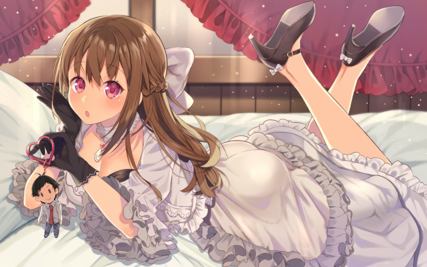 1girl :o artist_request ass bow braid breasts brown_hair cleavage doll dress gloves high_heels highres jewelry koi_suru_kanojo_no_bukiyou_na_butai long_hair lying necklace on_bed on_stomach pink_eyes solo togawa_mayuu