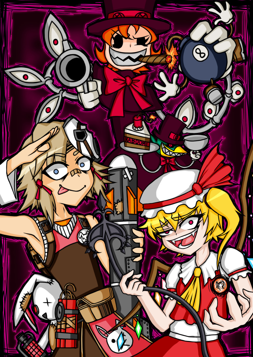 3girls :p absurdres avery_(skullgirls) bags_under_eyes bandaid bandaid_on_nose bare_shoulders blonde_hair blue_eyes bomb borderlands borderlands_2 bow cake cigar commentary_request crazy_eyes crossover dress dynamite explosive extra_eyes eye_socket fangs flandre_scarlet food george_the_bomb gloves grenade grin gun gunso hair_ornament handgun hat highres holding_weapon laevatein looking_at_viewer mask mask_on_head mechanical_arms multiple_girls open_mouth orange_hair peacock_(skullgirls) red_eyes revolver ribbon rocket sharp_teeth short_hair side_ponytail skullgirls smile stuffed_animal stuffed_toy tiny_tina tongue tongue_out top_hat touhou trait_connection tray weapon white_gloves wings