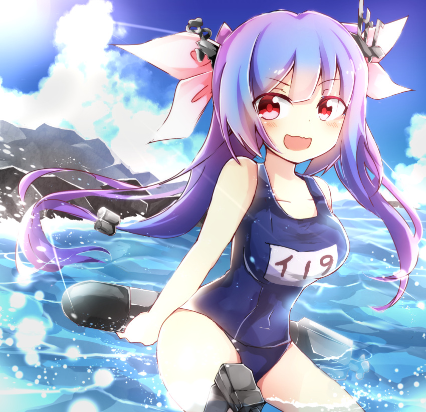 1girl blue_hair highres i-19_(kantai_collection) kantai_collection long_hair red_eyes school_swimsuit solo swimsuit torpedo tosura-ayato twintails