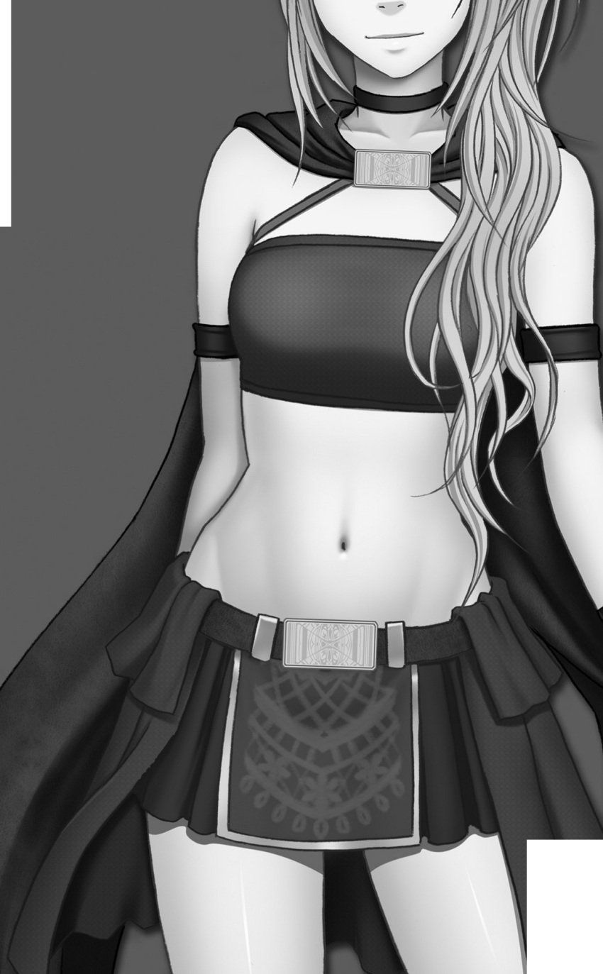 1girl crimson_comics grey_background highres long_hair monochrome navel simple_background skirt solo tagme