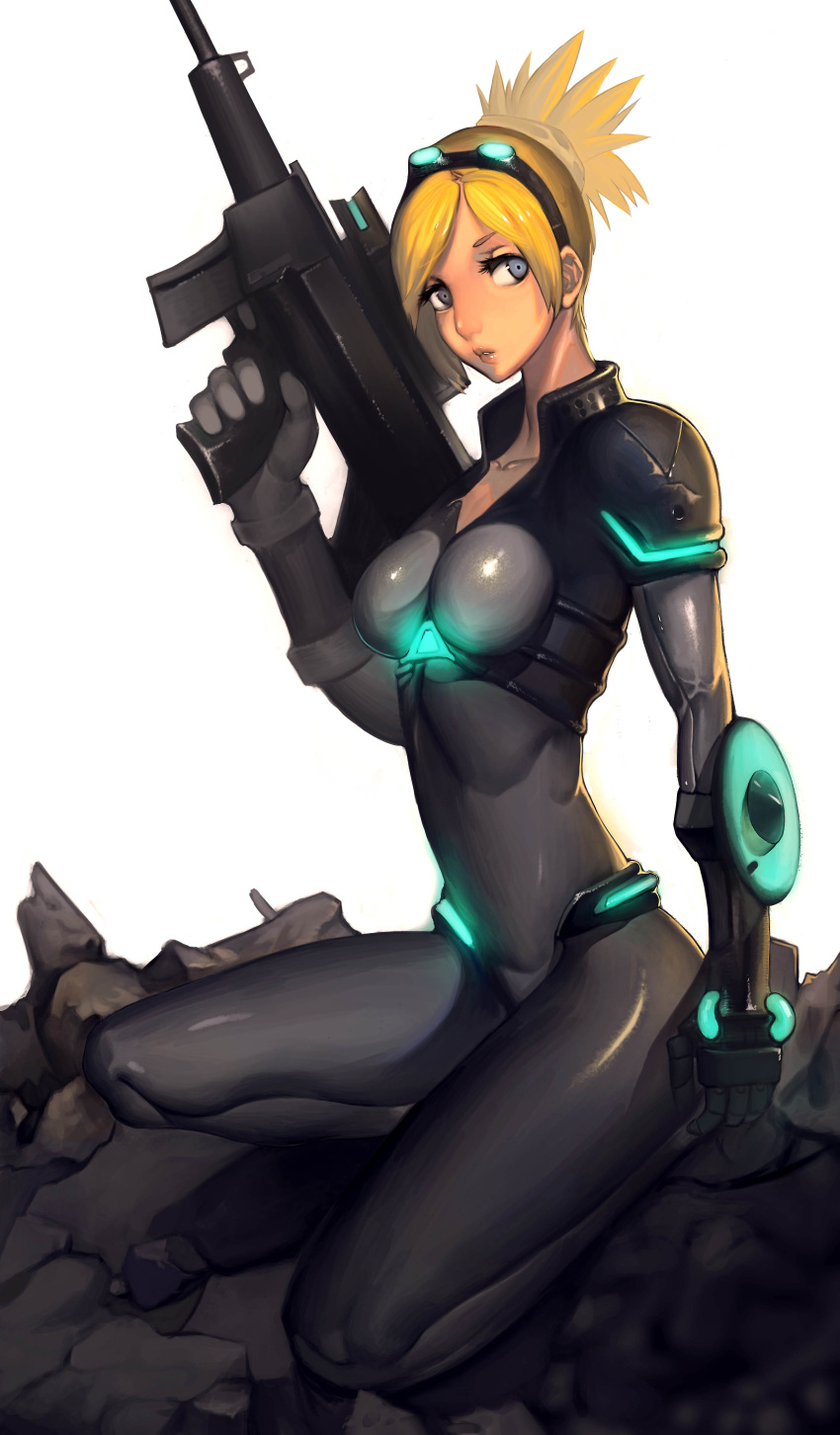 1girl absurdres blonde_hair blue_eyes bodysuit full_body goggles goggles_on_head gun highres ice_(ice_factory) kneeling lips neon_trim nose nova_(starcraft) ponytail rifle skin_tight small_breasts solo starcraft terran_ghost weapon