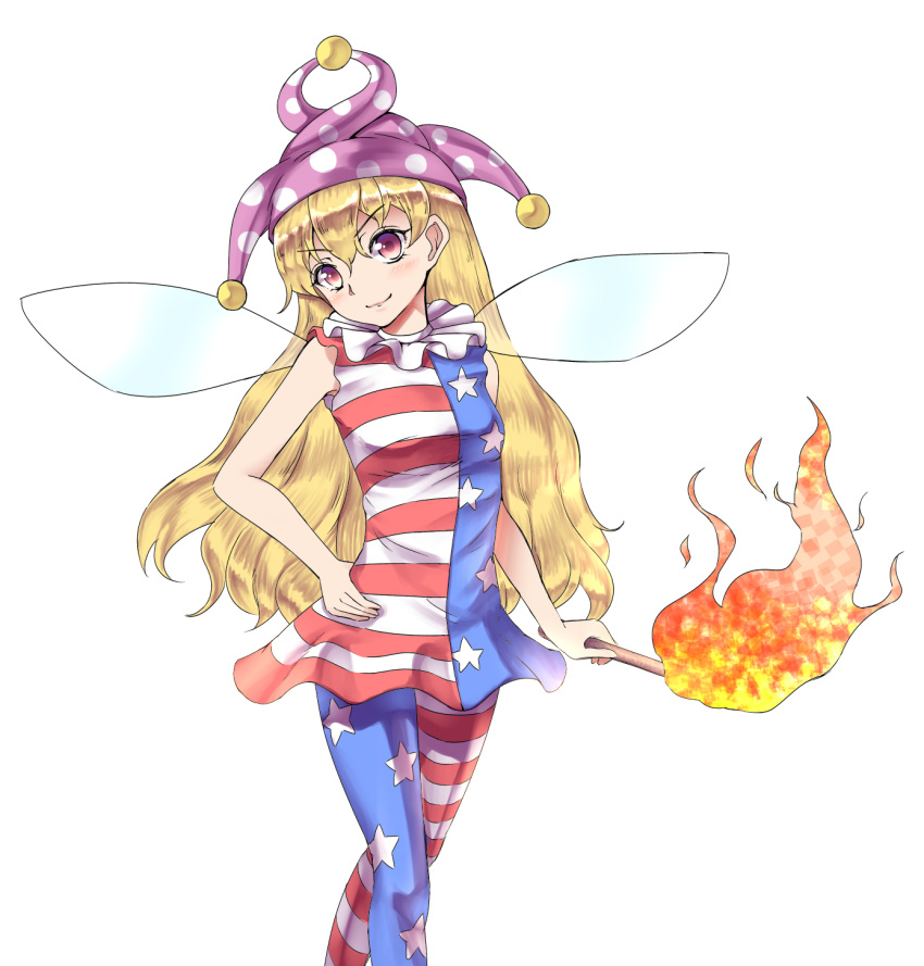 &gt;:) 1girl american_flag_dress american_flag_legwear blonde_hair blush clownpiece dress fairy_wings fire frilled_collar hat highres jester_cap orinpachu red_eyes sleeveless sleeveless_dress small_breasts smile solo torch touhou wavy_hair wings