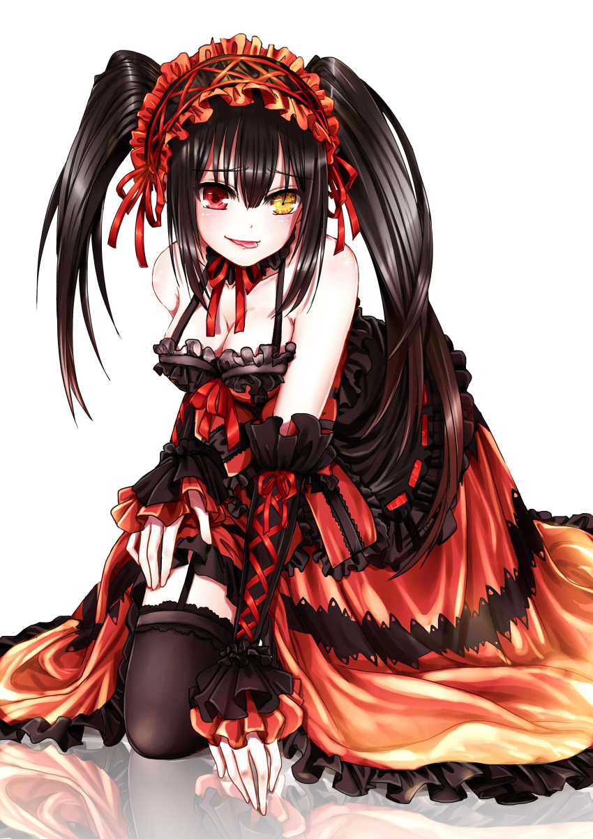 1girl absurdres black_hair breasts cleavage clock_eyes date_a_live heterochromia highres lolita_fashion long_hair looking_at_viewer red_eyes simple_background solo tokisaki_kurumi tongue tongue_out twintails white_background