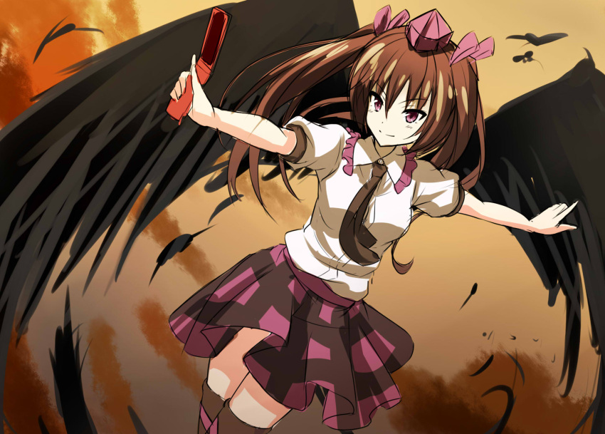 1girl black_wings bow brown_hair cellphone cellphone_camera feathered_wings feathers hair_bow hat highres himekaidou_hatate oubou phone sketch solo sunset tokin_hat touhou twintails violet_eyes wings