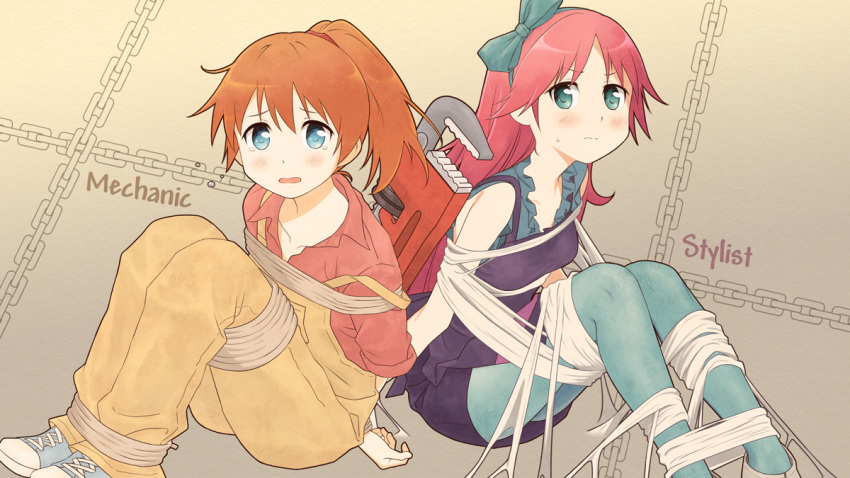 2girls bangs bare_shoulders blue_eyes blush clenched_hand cuffs entangled flat_chest hair_ornament long_hair long_sleeves looking_at_viewer mechanic_(terraria) multiple_girls open_mouth orange_hair overalls oversized_object pantyhose pink_hair ponytail rope shinobi_(ddc_990) short_hair silk spider_web stylist_(terraria) terraria wrench