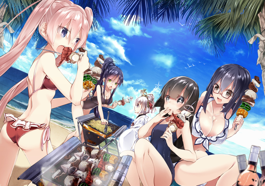 +_+ 218 5girls ass beach bikini black_hair blue_eyes blue_hair blush breasts cleavage clouds cloudy_sky corndog eating food front-tie_top glasses green_eyes grill grilling hair_bun kebab large_breasts long_hair long_sleeves multiple_girls one-piece_swimsuit open_mouth original palm_tree pink_hair ponytail revision short_hair side-tie_bikini sky squid swimsuit tree twintails water white_bikini white_hair white_swimsuit