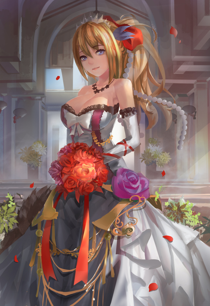 1girl absurdres bare_shoulders blonde_hair blue_eyes bouquet bow breasts bride church dress elbow_gloves flower gloves hair_bow hair_ornament highres indoors jewelry large_breasts lexington_(zhan_jian_shao_nyu) light_rays magician_(china) mecha_musume necklace pearl personification petals plant ponytail solo strapless_dress tiara wedding_dress white_gloves zhan_jian_shao_nyu