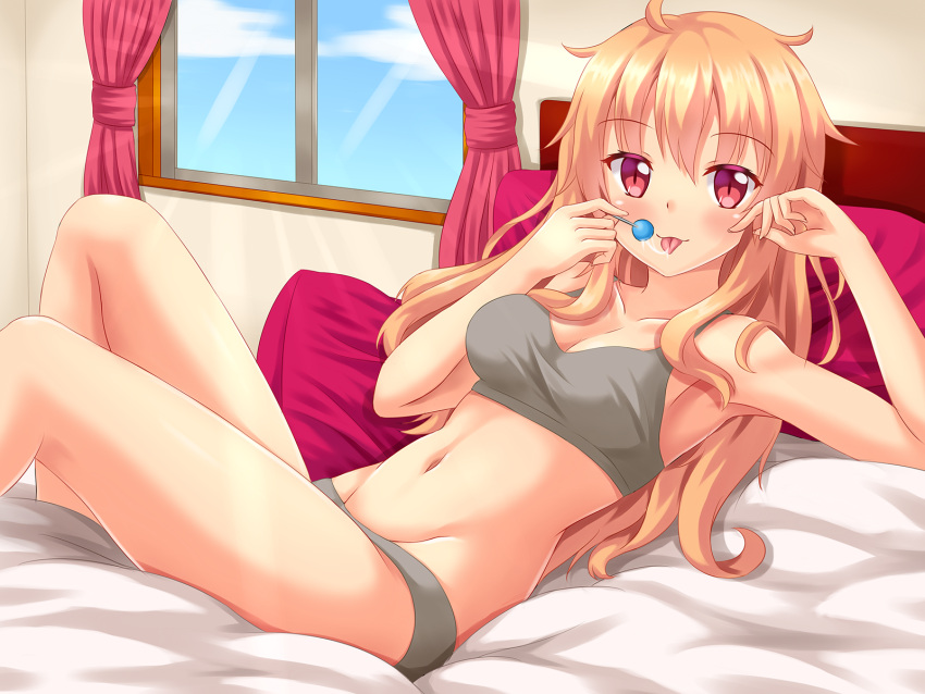 :p artist_self-insert bed_sheet blonde_hair breasts candy collarbone curtains fast-runner-2024 highres indoors looking_at_viewer lying midriff navel on_back on_bed original pillow red_eyes saliva saliva_trail tongue tongue_out underwear underwear_only window