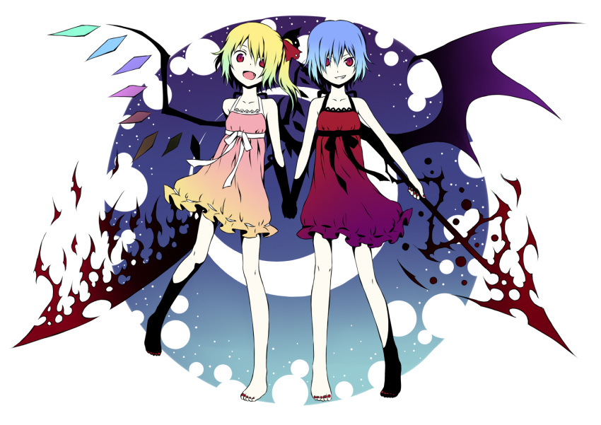104 2girls alternate_costume barefoot bat_wings blonde_hair blue_hair crescent_moon crystal dress fang flandre_scarlet full_body hair_ornament hair_ribbon holding_hands looking_at_viewer moon multiple_girls nail_polish no_hat open_mouth pink_dress red_dress red_eyes remilia_scarlet ribbon siblings side_ponytail sisters sleeveless smile smirk spear_the_gungnir touhou vampire wings