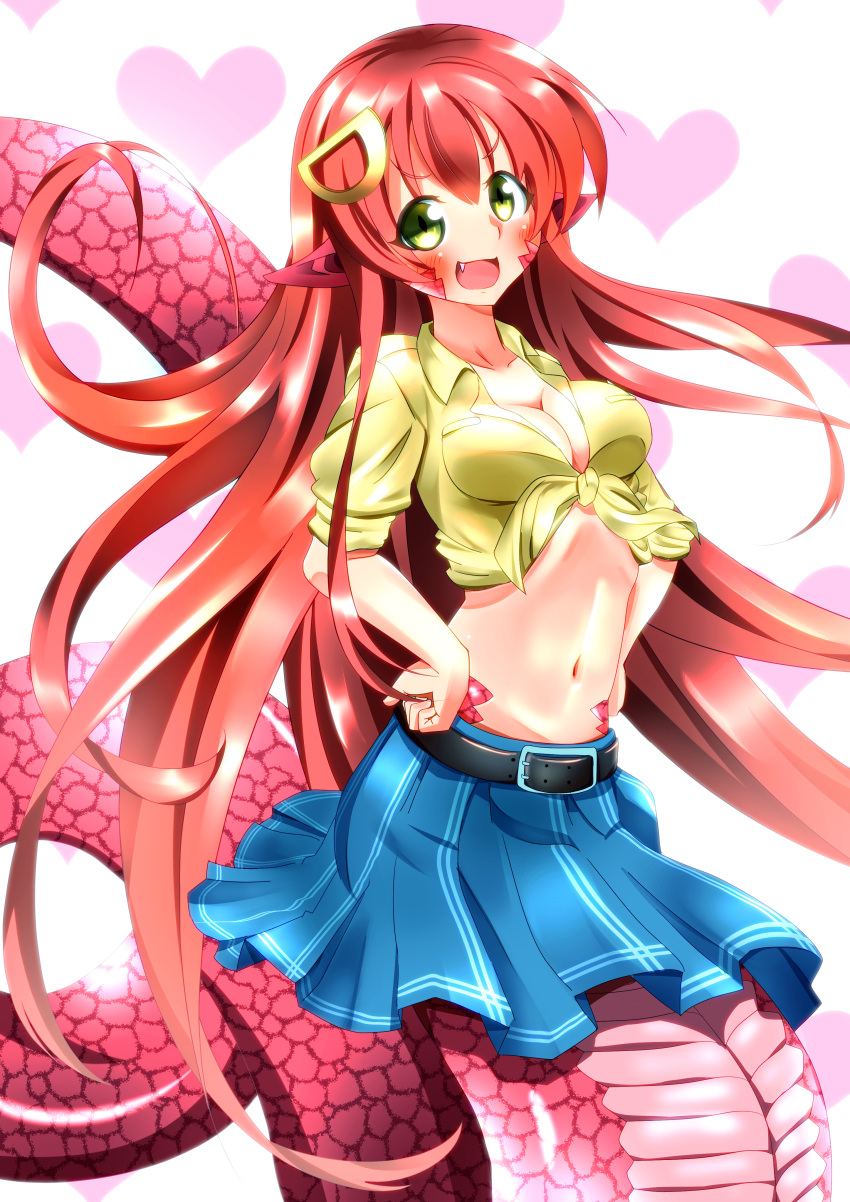 1girl absurdres blush breasts cleavage commentary_request fang hair_ornament hairclip highres lamia long_hair miia_(monster_musume) monster_girl monster_musume_no_iru_nichijou navel pointy_ears redhead scales shirt skirt slit_pupils tied_shirt yellow_eyes
