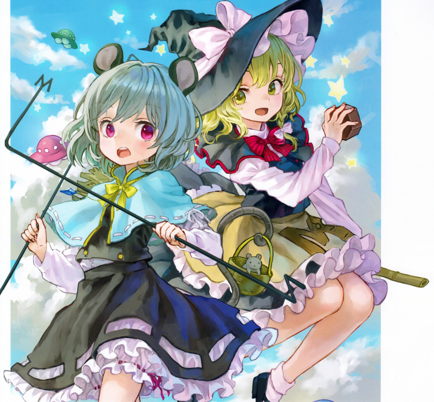 2girls absurdres ama-tou animal animal_ears apron basket blonde_hair bloomers bow braid broom capelet clouds dowsing_rod grey_hair hair_bow hair_ornament hat hat_ribbon highres jewelry kirisame_marisa long_sleeves looking_at_another looking_at_viewer mini-hakkero mouse mouse_ears mouse_tail multiple_girls nazrin necklace open_mouth red_eyes ribbon shirt short_hair side_braid single_braid skirt skirt_set sky smile socks star tail touhou ufo underwear vest waist_apron white_legwear witch_hat yellow_eyes