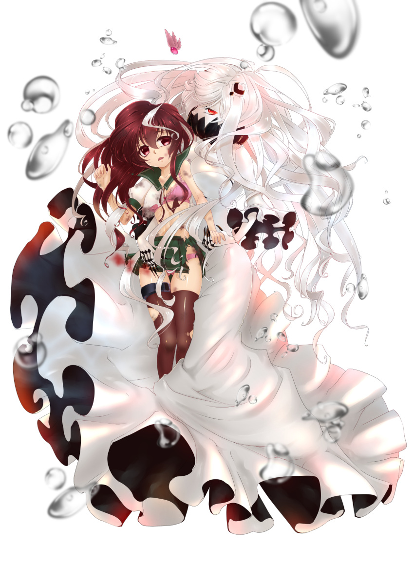 2girls artist_request breasts brown_hair cleavage covered_mouth dress hair_ornament highres horns kantai_collection kisaragi_(kantai_collection) large_breasts long_hair midway_hime multiple_girls pale_skin red_eyes school_uniform serafuku shinkaisei-kan skirt torn_clothes very_long_hair violet_eyes white_dress white_hair white_skin