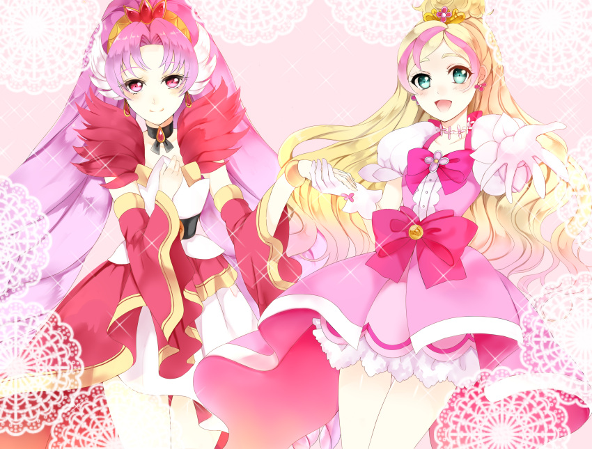 2girls absurdres akagi_towa aqua_eyes bangs belt blonde_hair blue_eyes blush bow bracelet choker cure_flora cure_scarlet detached_sleeves earrings eyelashes frilled_skirt frills gloves go!_princess_precure half_updo hand_on_own_chest haruno_haruka highres holding_hands jewelry long_hair looking_at_viewer magical_girl multicolored_hair multiple_girls open_mouth outstretched_arm outstretched_hand parted_bangs pink_bow pink_hair precure quad_tails red_eyes ribbon skirt smile streaked_hair tage_(meyasubako) two-tone_hair very_long_hair white_gloves