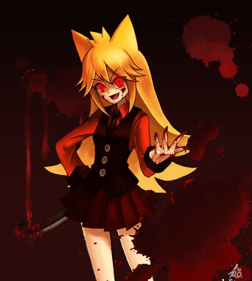 1girl animal_ears artist_name bangs bare_thighs black_shirt_cuffs black_waistcoat blonde_hair blood blood_on_face blood_on_fingers blood_on_knife blood_on_weapon blood_splatter bloody_knife bloody_weapon buttons cowboy_shot dress_shirt eyebrows eyebrows_visible_through_hair face fang highres holding knife large_buttons long_hair looking_at_viewer moge-ko mogeko_castle necktie red_eyes sidelocks skirt solo tail teeth thigh_gap thighs upper_teeth waistcoat weapon