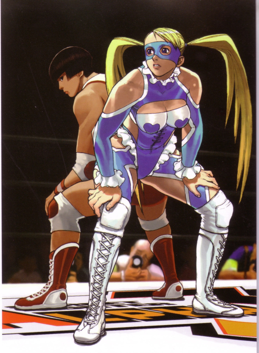 2girls 90s artist_request ass-to-ass back-to-back bare_shoulders black_hair blonde_hair blue_eyes boots breasts cleavage cleavage_cutout cross-laced_footwear detached_sleeves hands_on_own_knees highres knee_pads lace-up_boots large_breasts leotard long_hair multiple_girls nose official_art rainbow_mika short_hair street_fighter street_fighter_zero street_fighter_zero_3 twintails wrestling_mask wrestling_outfit wrestling_ring yamato_nadeshiko_(street_fighter)