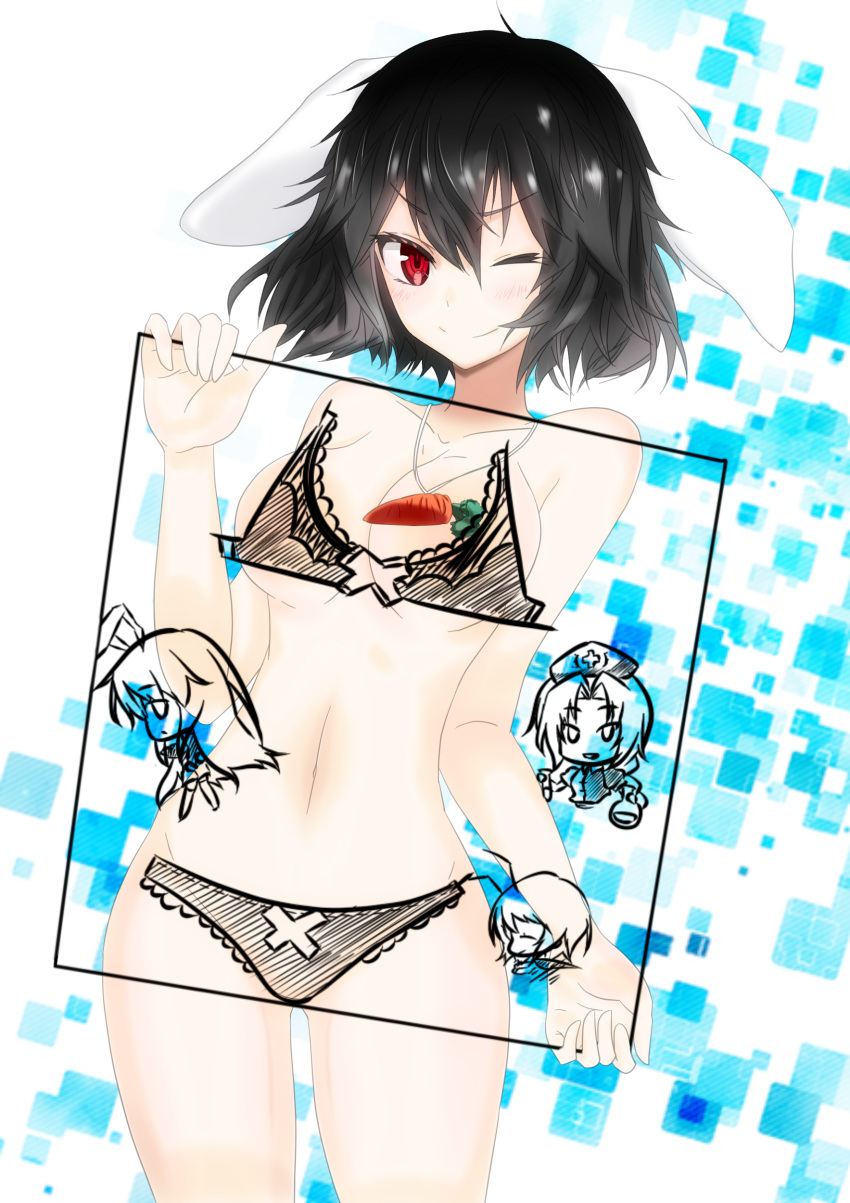 1girl absurdres alternate_breast_size alternate_height animal_ears black_hair breasts convenient_censoring highres inaba_tewi looking_at_viewer navel nude one_eye_closed portrait_(object) rabbit_ears red_eyes reisen_udongein_inaba short_hair smile solo tk31 touhou wriggle_nightbug yagokoro_eirin