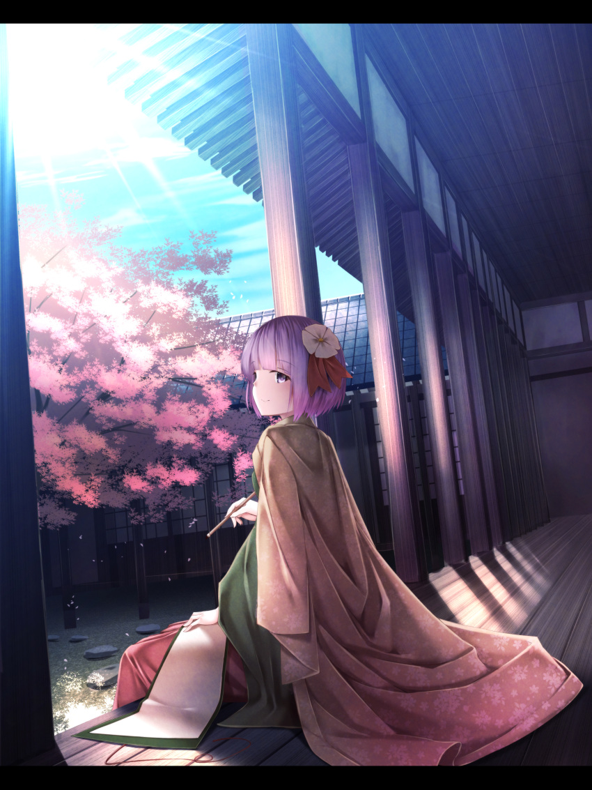 1girl absurdres blue_sky building calligraphy_brush cherry_blossoms clouds floral_print flower garden hair_flower hair_ornament hieda_no_akyuu highres japanese_clothes kimono letterboxed looking_at_viewer paintbrush purple_hair scroll sitting sky smile solo sunlight touhou tree veranda waterdog