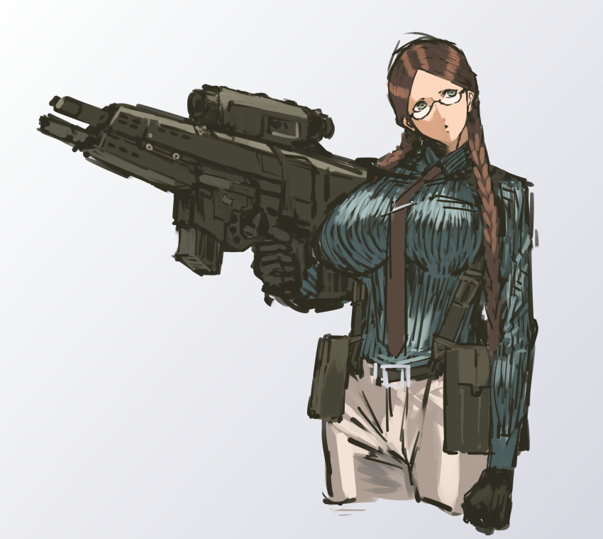 1girl bangs belt_pouch black_gloves braid breasts brown_hair clenched_hand cropped_legs glasses glasses_girl_(nameo) gloves grey_eyes gun hair_over_shoulder head_tilt highres huge_weapon large_breasts long_hair nameo_(judgemasterkou) necktie original parted_bangs rifle scope semi-rimless_glasses solo suspenders trigger_discipline twin_braids under-rim_glasses weapon