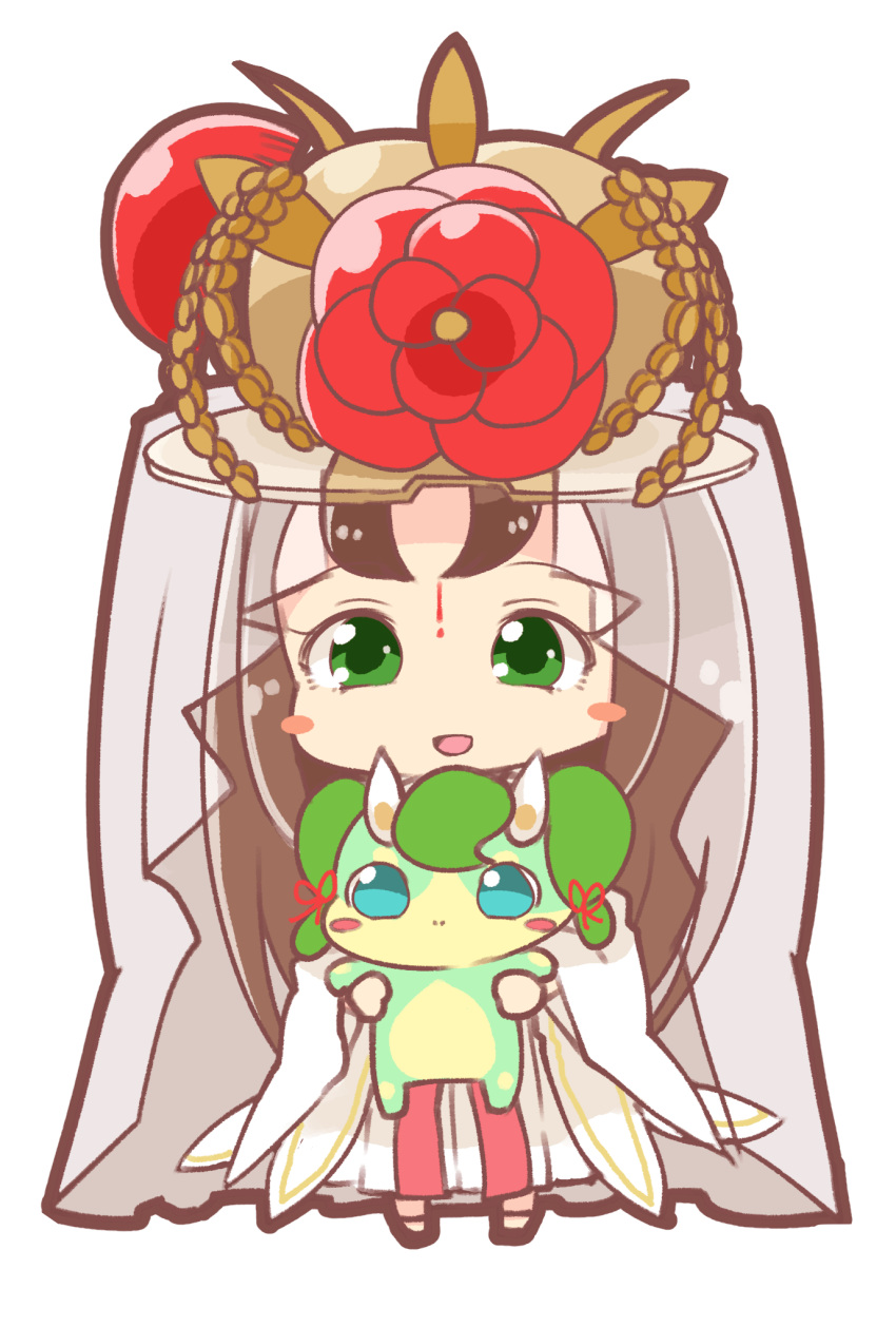 1girl :d blush_stickers bridal_veil brown_hair chibi facial_mark flower forehead_mark green_eyes hat highres holding japanese_clothes kushinada_(p&amp;d) long_hair open_mouth pikomarie puzzle_&amp;_dragons simple_background smile solo veil white_background