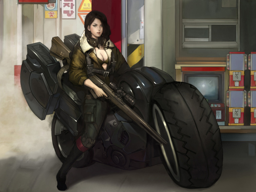 1girl breasts cleavage gun headset highres jacket korean lips motor_vehicle motorcycle namgwon_lee open_clothes open_jacket rifle solo translation_request vehicle weapon