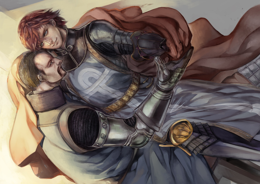 2boys armor black_hair blue_eyes cape chainmail character_request dragon's_dogma facial_hair full_armor gauntlets goatee gorget hpa_(foolish_factory) male_focus multiple_boys nose redhead stubble yaoi