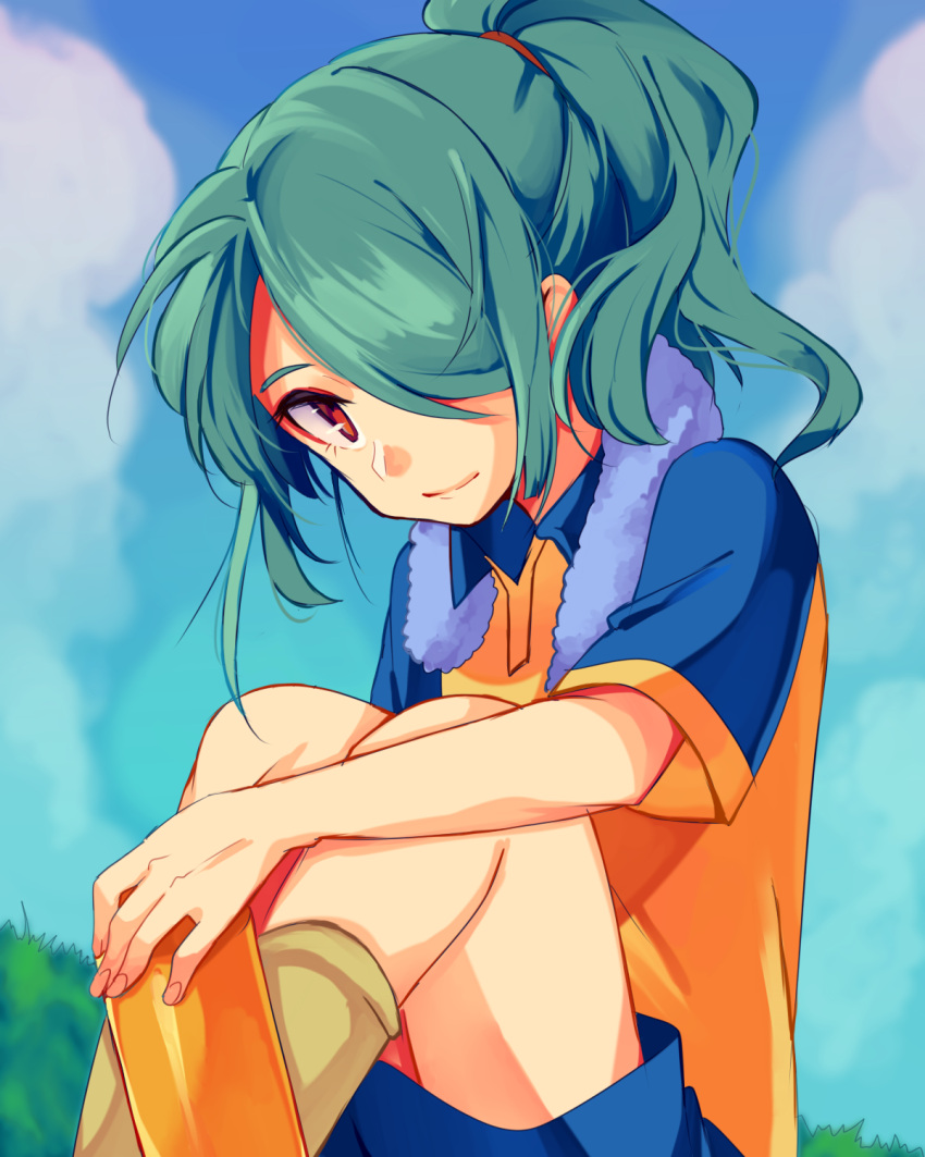 1boy aqua_hair hair_over_one_eye highres inazuma_eleven inazuma_eleven_(series) kazemaru_ichirouta long_hair male_focus miyukiyo ponytail smile soccer_uniform solo sportswear towel