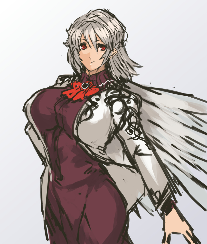 1girl breasts brooch dress highres jacket jewelry kishin_sagume large_breasts looking_at_viewer nameo_(judgemasterkou) open_clothes open_jacket purple_dress red_eyes short_hair silver_hair single_wing smile solo touhou wings