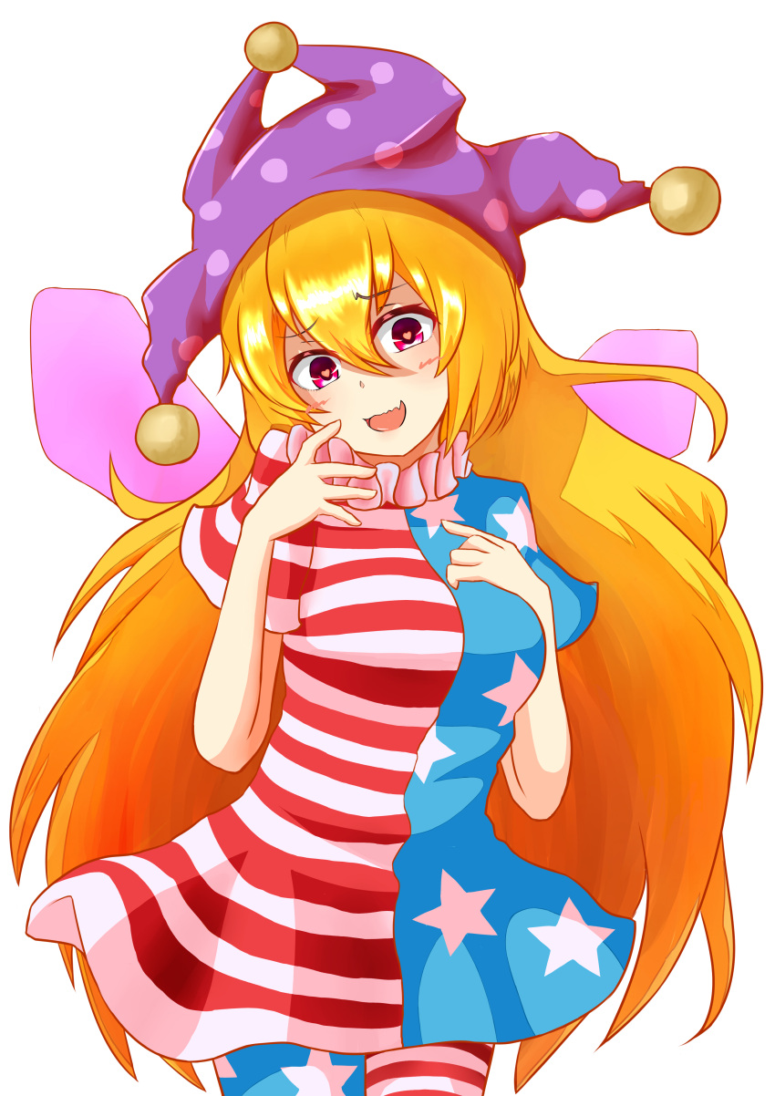 1girl absurdres american_flag_legwear american_flag_shirt blonde_hair check_commentary clownpiece commentary_request cowboy_shot eyebrows eyebrows_visible_through_hair finger_to_face hair_between_eyes hand_on_own_chest hat heart heart-shaped_pupils highres jester_cap long_hair looking_at_viewer n2_bakudan_(cskf5216) open_mouth pantyhose pink_eyes simple_background solo symbol-shaped_pupils touhou very_long_hair wavy_mouth white_background