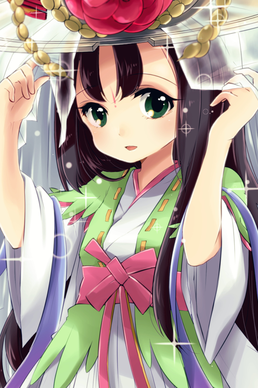 1girl :d facial_mark flower forehead_mark green_eyes hands_on_headwear hat highres japanese_clothes kushinada_(p&amp;d) light_particles long_hair open_mouth pikomarie puzzle_&amp;_dragons smile solo sparkle