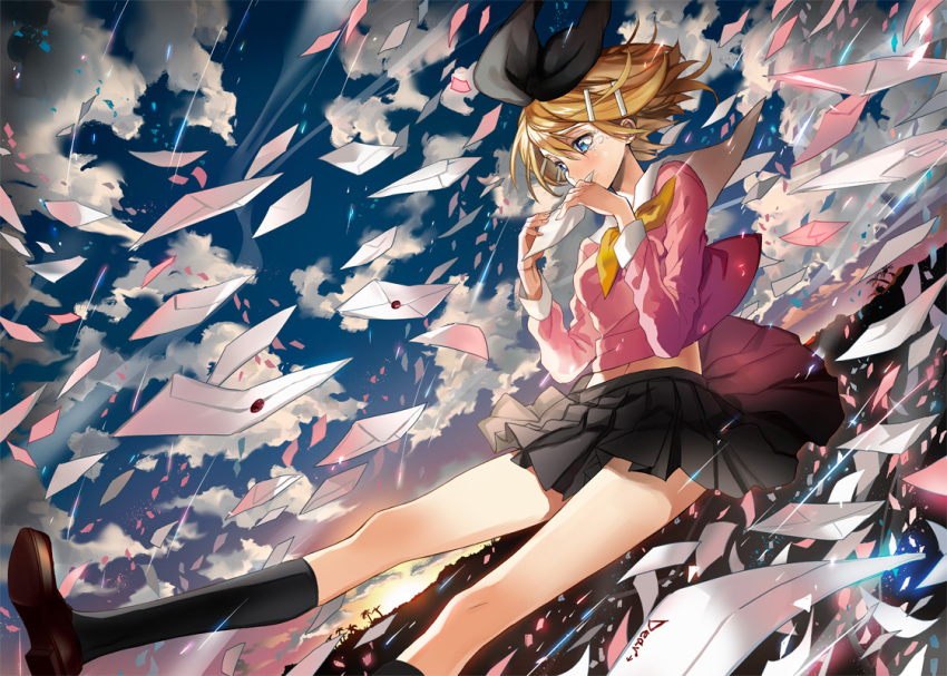 1girl black_legwear black_skirt blonde_hair blouse blue_eyes blush bow brown_shoes clouds floating hair_bow hair_ornament hairclip holding_paper kagamine_rin kneehighs letter long_sleeves looking_away midriff neckerchief pink_blouse pleated_skirt school_uniform shoes short_hair skirt sky solo tears tibino vocaloid wax_seal wind