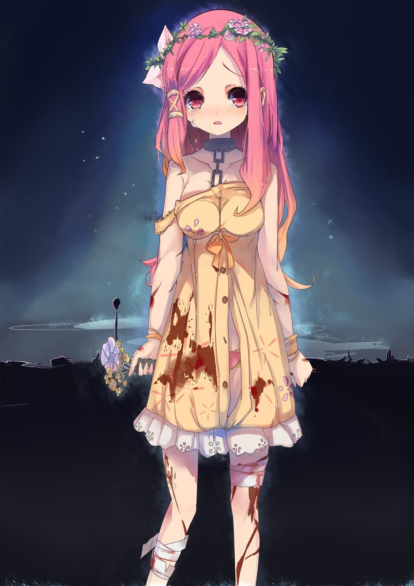 1boy 1girl bandages bangs bare_shoulders blood bouquet breasts bruise chain collar crown crying crying_with_eyes_open cuts deep_wound dress flower hair_flower hair_ornament hana-chan_(me!me!me!) head_wreath highres injury long_hair looking_at_viewer me!me!me! off_shoulder open_mouth panties parted_bangs pink_hair red_eyes sketch solo tears torn_clothes underwear zzzzxxx2010nian