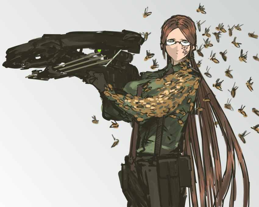 1girl alternate_hairstyle bangs bow_(weapon) breasts brown_hair cowboy_shot crossbow glasses glasses_girl_(nameo) highres huge_weapon insect large_breasts long_hair low_twintails nameo_(judgemasterkou) original parted_bangs scope semi-rimless_glasses solo stand_(jojo) suspenders trypophobia twintails under-rim_glasses very_long_hair weapon