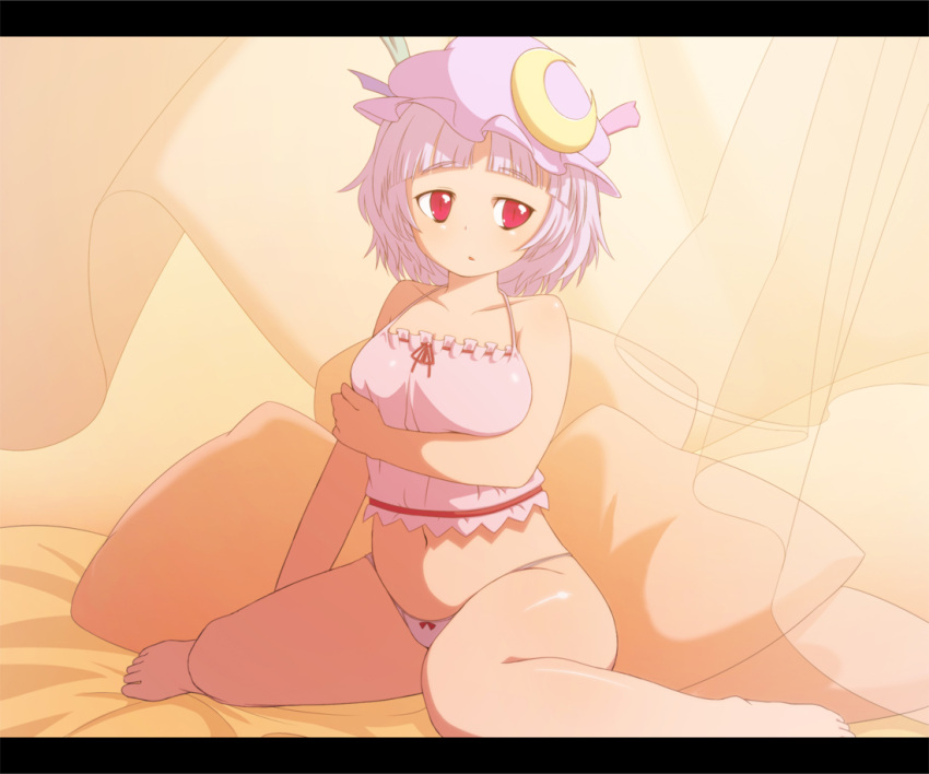 1girl anime_coloring bare_legs barefoot breasts crescent_hair_ornament hair_ornament hat mimiru_(mimill) mob_cap open_mouth panties patchouli_knowledge pillow purple_hair red_eyes short_hair sitting sleepwear slit_pupils solo touhou underwear