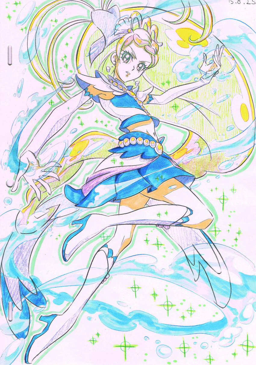 1girl arm_warmers boots bow bubble choker color_trace cure_mermaid earrings go!_princess_precure hair_ornament heart high_heels highres itaoka1 jewelry kaidou_minami knee_boots long_gloves long_hair looking_at_viewer magical_girl midriff partially_colored pearl ponytail precure ribbon sketch skirt solo traditional_media very_long_hair water