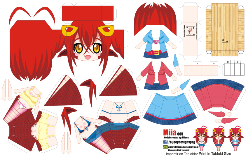 1girl :d absurdres ahoge artist_name bikini blue_bikini breasts character_name chibi clothes_writing el_joey fangs hair_ornament hairclip highres lamia long_hair miia_(monster_musume) monster_girl monster_musume_no_iru_nichijou open_mouth paper_cut-out papercraft pointy_ears redhead scales slit_pupils smile solo swimsuit watermark web_address yellow_eyes