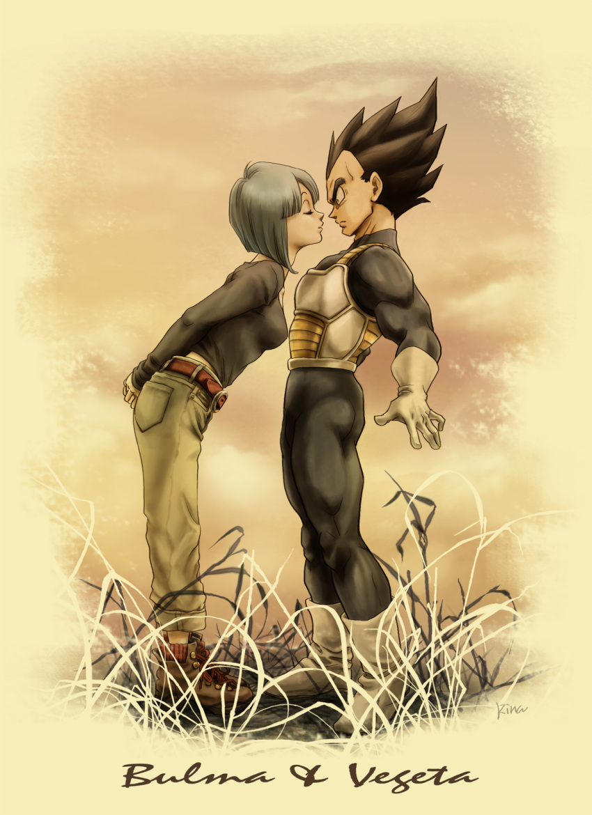 arms_behind_back bangs black_hair blue_hair boots bulma character_name closed_eyes dragon_ball dragon_ball_z full_body gloves grass highres incipient_kiss leaning_forward sepia signature surprised uirina vegeta white_gloves