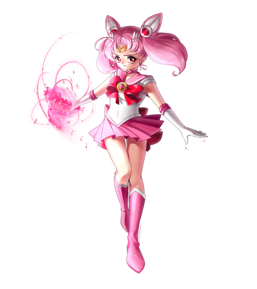 1girl bishoujo_senshi_sailor_moon boots bow brooch chibi_usa choker dalzzam dated double_bun elbow_gloves energy gloves hair_ornament hairpin highres jewelry knee_boots magical_girl pink_boots pink_hair pink_skirt pleated_skirt red_bow red_eyes sailor_chibi_moon sailor_collar serious short_hair signature skirt solo standing tiara twintails white_background white_gloves