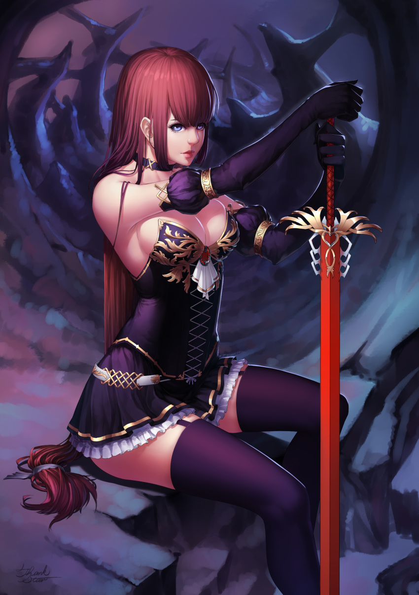 1girl absurdres bare_shoulders black_gloves black_legwear blue_eyes breasts brown_hair cleavage corset cross-laced_clothes daye_bie_qia_lian elbow_gloves frilled_skirt frills garter_straps gloves highres lips long_hair looking_at_viewer miniskirt original sitting skirt solo strapless sword thigh-highs very_long_hair weapon