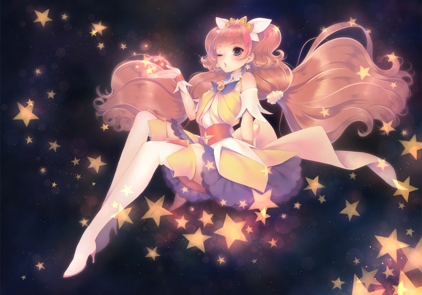 1girl amanogawa_kirara aoi_itou boots brown_hair cure_twinkle earrings gloves go!_princess_precure highres jewelry long_hair low-tied_long_hair magical_girl multicolored_hair one_eye_closed precure purple_skirt quad_tails redhead skirt solo star star_earrings streaked_hair thigh-highs thigh_boots twintails two-tone_hair violet_eyes white_gloves white_legwear