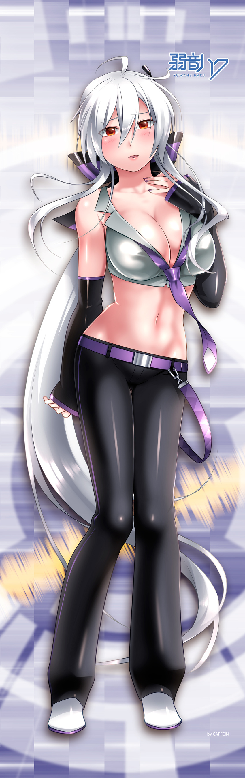 1girl absurdres ahoge belt blush breasts caffein cleavage detached_sleeves headphones highres large_breasts long_hair looking_at_viewer midriff necktie pants ponytail red_eyes ribbon silver_hair solo twintails very_long_hair vocaloid voyakiloid yowane_haku