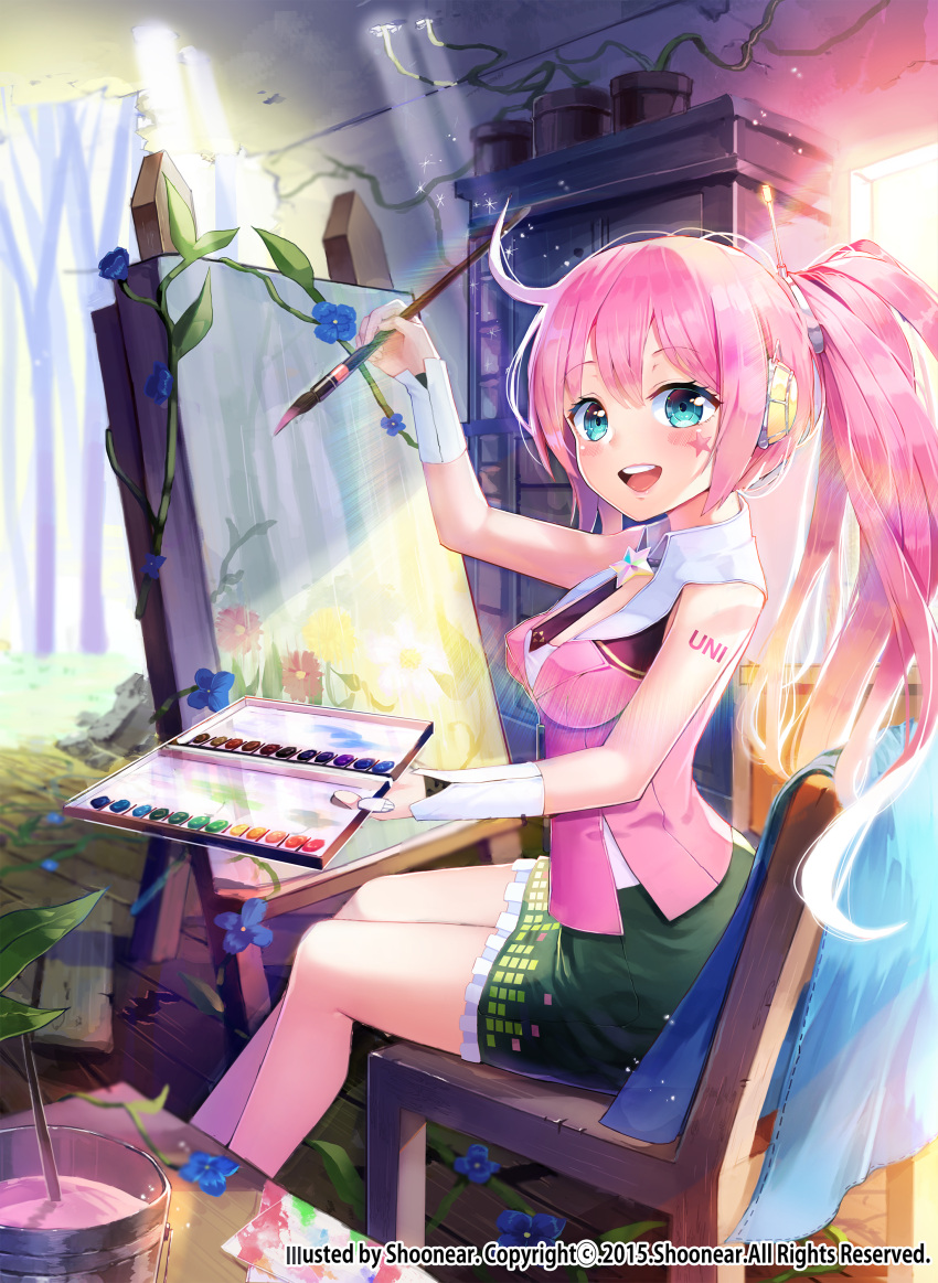 1girl 2015 absurdres aqua_eyes artist_name chair easel flower headphones highres looking_at_viewer open_mouth paintbrush pink_hair ponytail shoonear sitting solo solo_focus vocaloid