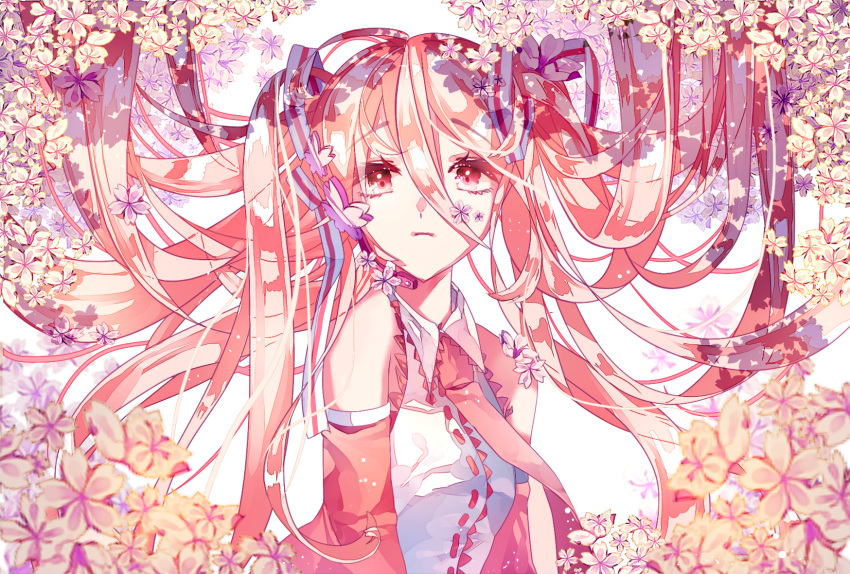 1girl bare_shoulders cherry_blossoms detached_sleeves hatsune_miku headset highres long_hair looking_at_viewer necktie pink pink_eyes pink_hair sakura_miku solo tears_namida twintails very_long_hair vocaloid