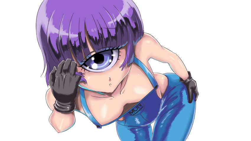 1girl blue_eyes breasts clothes_writing cowboy_shot gloves highres leaning_forward looking_at_viewer manako monster_musume_no_iru_nichijou naked_overalls okan overalls purple_hair simple_background solo white_background