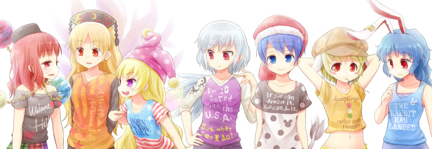 adapted_costume alternate_costume animal_ears blonde_hair blue_eyes blue_hair blush blush_stickers chain clothes_writing clownpiece contemporary dango doremy_sweet earth_(ornament) english food fox_tail hat hecatia_lapislazuli highres jester_cap junko_(touhou) kishin_sagume legacy_of_lunatic_kingdom long_hair long_sleeves looking_at_another looking_at_viewer midriff moon_(ornament) morioka_itari multiple_tails navel nightcap off_shoulder open_mouth orange_eyes profile rabbit_ears red_eyes redhead ringo_(touhou) seiran_(touhou) short_hair short_sleeves silver_hair simple_background single_wing sleeveless smile sweatdrop t-shirt tail touhou upper_body violet_eyes wagashi white_background wings