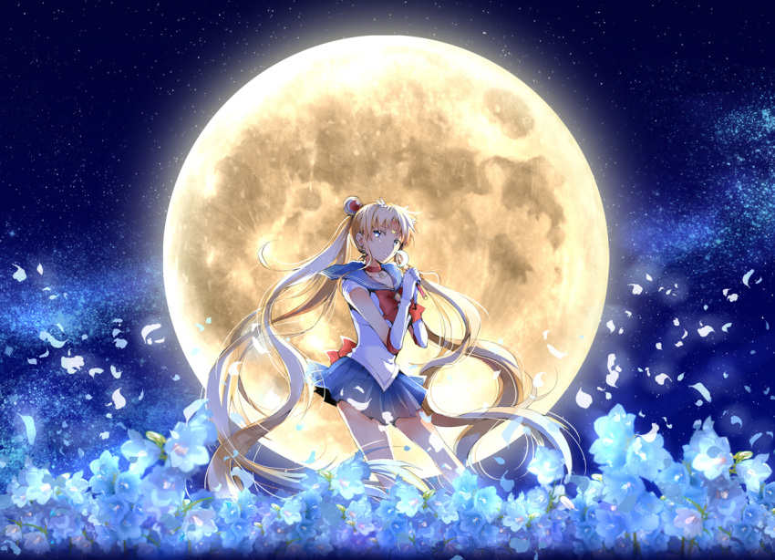 1girl bishoujo_senshi_sailor_moon blonde_hair blue_eyes blue_skirt bow brooch choker crescent earrings elbow_gloves facial_mark flower forehead_mark full_moon gloves hair_bun hair_ornament hairpin jewelry lazy_orange long_hair magical_girl moon moon_stick object_namesake petals red_bow sailor_collar sailor_moon skirt solo standing tsukino_usagi twintails wand white_gloves
