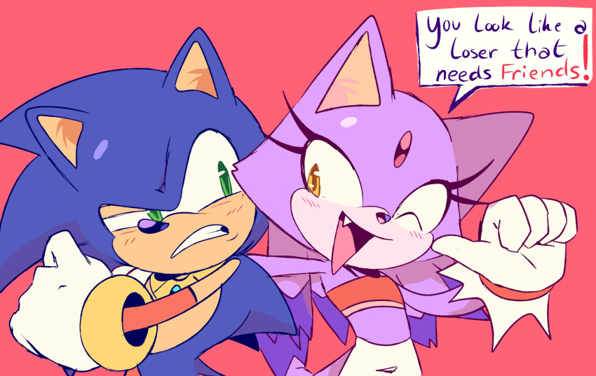 1boy 1girl animal_ears bindi blaze_the_cat blush cat english_commentary english_text furry furry_female furry_male gloves green_eyes hedgehog highres jewelry necklace one_eye_closed open_mouth pants role_reversal sonic_(series) sonic_the_hedgehog speech_bubble stellarspin strapless tail tube_top yellow_eyes