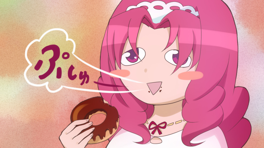 1girl akagi_towa doughnut food go!_princess_precure parody precure sawashiro_miyuki seiyuu_connection solo style_parody triangle_mouth wakako-zake